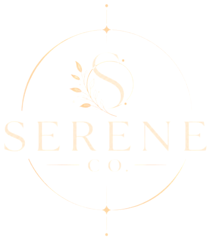 Serene Co. logo: a gold script S monogram with a leaf sprig inside a thin gold circle